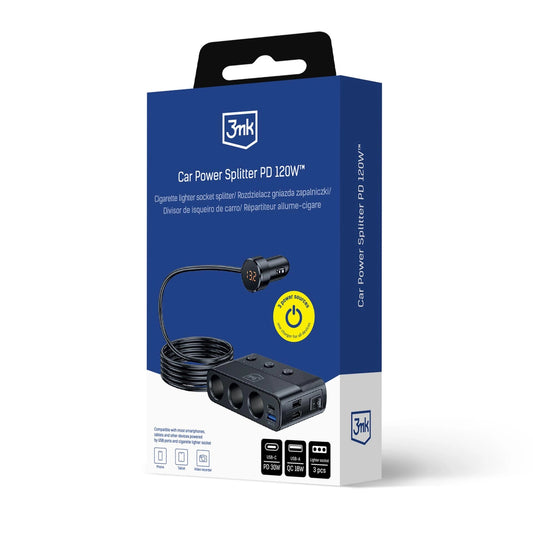 3mk Auto-Power-Splitter PD 120W™ QC PPS UCB-C USB-A Autoladegerät für 7 Geräte - Schwarz