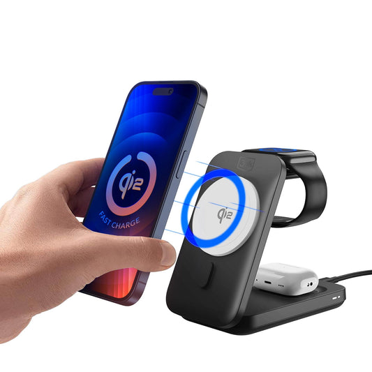 3mk MagRocket 3-in-1 15W Qi2 MPP MagSafe Kabelloses Ladegerät - Schwarz