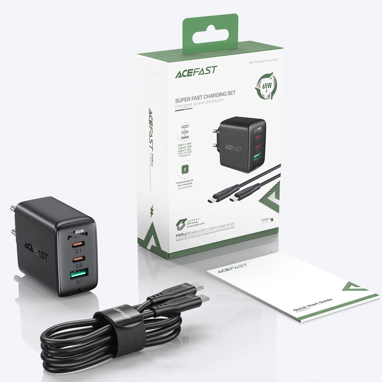 Acefast 2in1 Wandladegerät 2x USB-C / USB-A 65W, PD, QC 3.0, AFC, FCP (Set mit USB-C 1,2m Kabel) schwarz (A13 schwarz)
