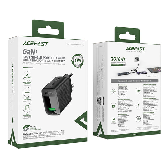 Acefast A90 GaN USB-A QC 18W Netzwerkladegerät – Schwarz