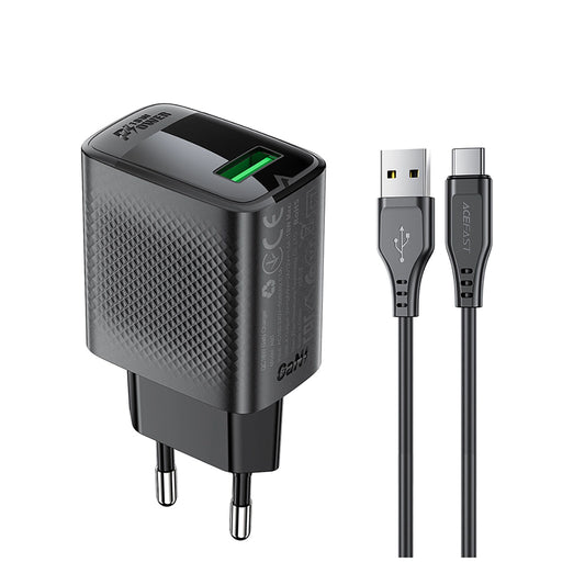 Acefast A90 GaN USB-A QC 18W Netzwerkladegerät - Schwarz + USB-A / USB-C-Kabel