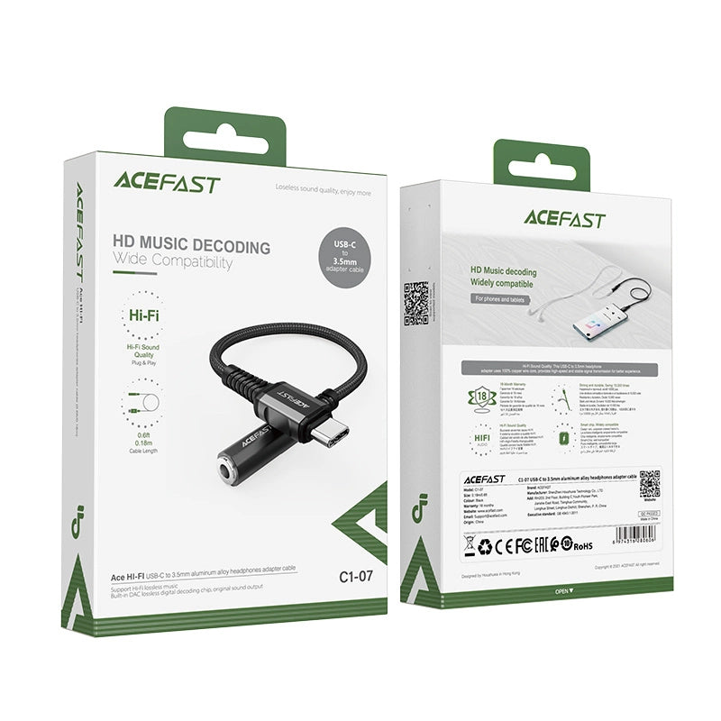 Acefast Audiokabel USB Typ C - 3,5 mm Miniklinke (weiblich) 18 cm, DAC, AUX schwarz (C1-07 schwarz)