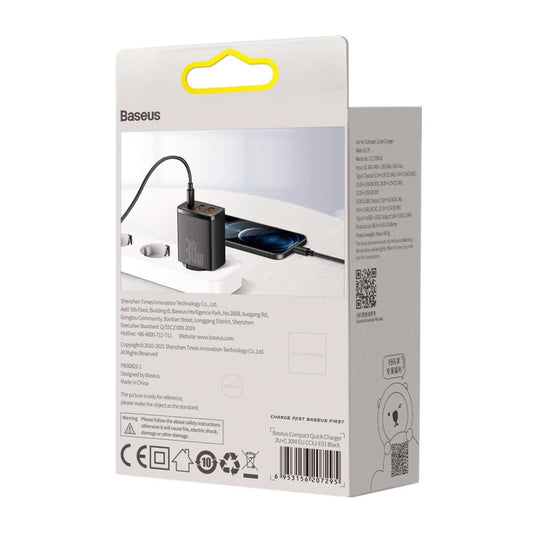 Baseus Compact Schnellladegerät 2x USB / USB Type C 30W 3A Power Delivery Quick Charge schwarz (CCXJ-E01)