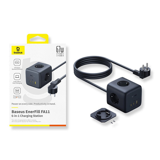 Baseus EnerFill FA11 67W Steckdosenleiste, USB-A + USB-C Würfel + 3 x EU-Steckdose 1,5m - Schwarz