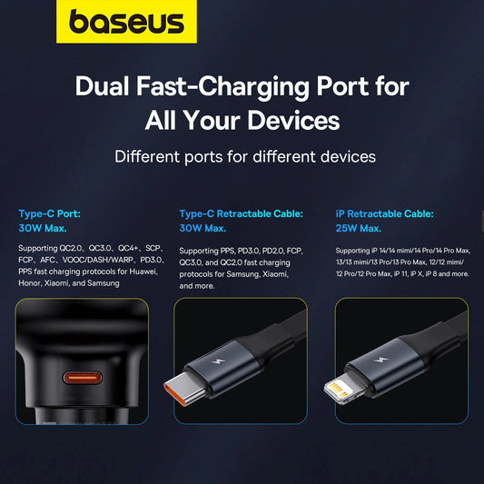 Baseus Enjoyment Pro USB-C (weiblich) / Lightning (männlich) 60W Autoladegerät - Schwarz