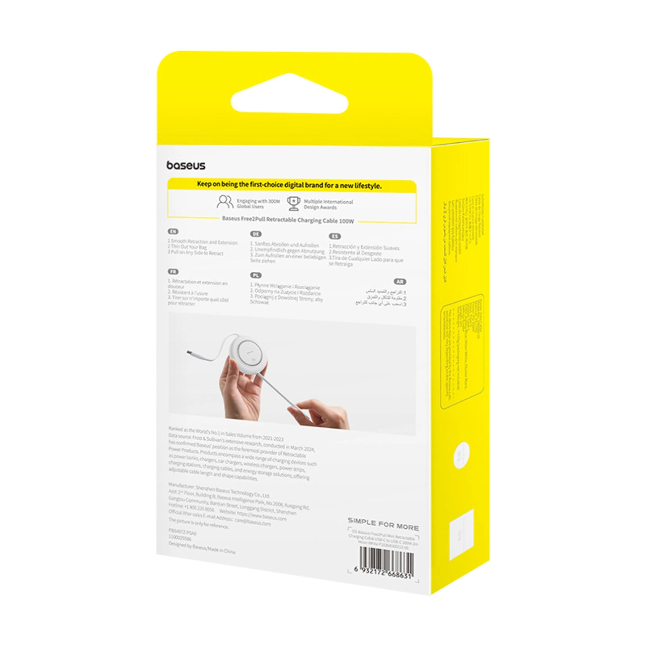 Baseus Free2Pull Mini 100W Einziehbares USB-C-Kabel – USB-C 2 m – Weiß