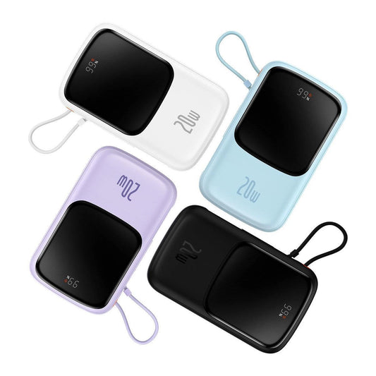 Baseus Qpow Digital Display Power Bank mit Schnellladung 10000 mAh 20 W QC/PD/SCP/FCP mit integriertem Lightning Kabel Weiß