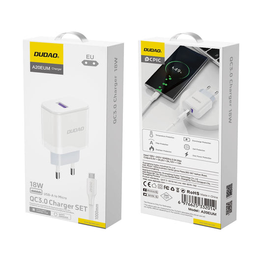 Dudao A20EU USB-A 18W Netzwerkladegerät - Weiß + USB-A - Micro-USB-Kabel
