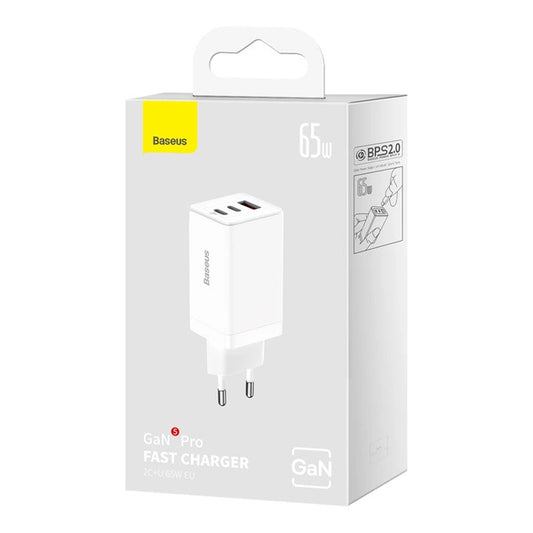 GaN 2xUSB C 1xUSB 65W Schnellladegerät Baseus GaN5 Pro + USB C - USB C 100W Kabel - Weiß