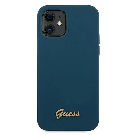Guess, GUHCP12SLSLMGBL iPhone 12 mini 5,4" blau/blaues Hardcase Metall-Logo-Skript