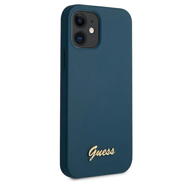 Guess, GUHCP12SLSLMGBL iPhone 12 mini 5,4" blau/blaues Hardcase Metall-Logo-Skript