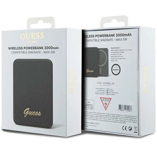 Guess MagSafe Metal Script Logo Induktions-Powerbank 5W 3000mAh - Schwarz