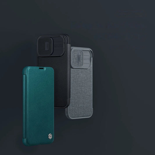 Nillkin Qin Cloth Pro Case Schutzhülle für iPhone 14 Pro Max, Kamera-Abdeckung, Holster-Abdeckung, Klapphülle, Blau