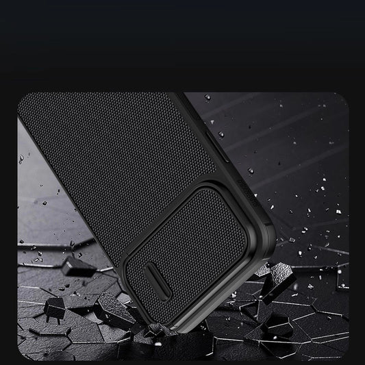 Nillkin Textured S Case für iPhone 14 Pro, gepanzerte Hülle mit Kameraabdeckung, blau