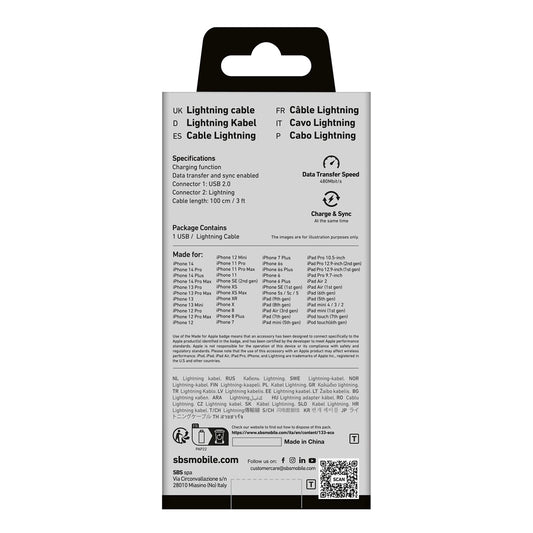 TECABLEUSBIP589K USB-A – Lightning SBS-Kabel 1 m mit MFi-Zertifizierung – Schwarz