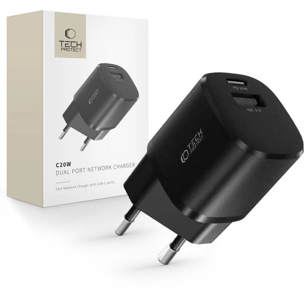 Tech-Protect C20W Mini USB-C PD 20W / USB-A QC 3.0 Netzwerkladegerät – Schwarz