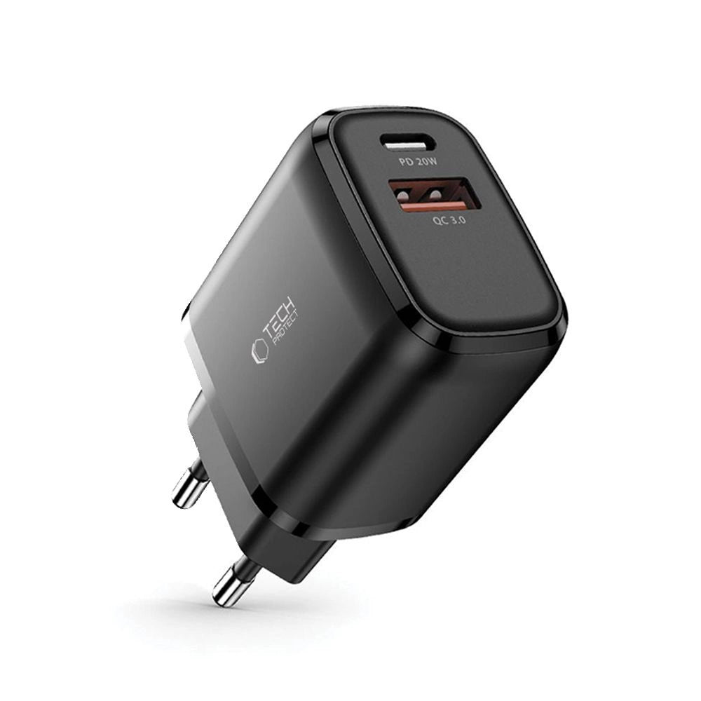 Tech-Protect C20W USB-C PD 20W / USB-A QC 3.0 Netzwerkladegerät – Schwarz
