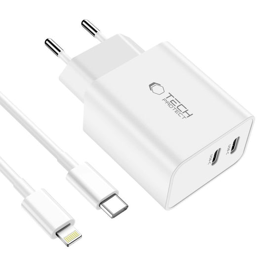 Tech-Protect C35W 2x USB-C PD 35W Netzwerkladegerät mit USB-C/ Lightning Kabel – Weiß