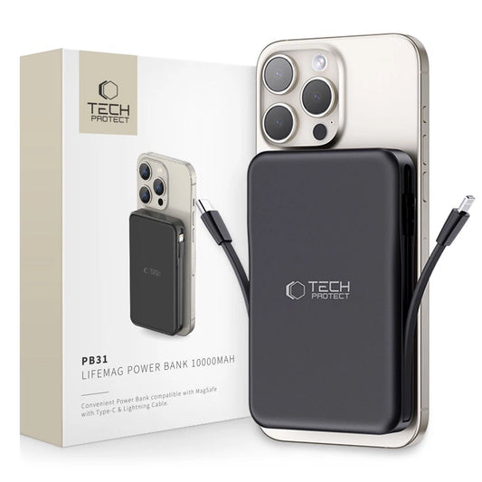 Tech-Protect LifeMag PB31 Powerbank mit MagSafe 10000 mAh 15 W USB-C/USB-A/integriertes USB-C/ Lightning Kabel – Schwarz