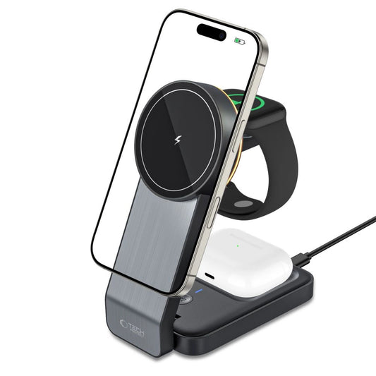 Tech-Protect QI15W-A28 induktives MagSafe 3in1 Ladegerät mit Ständer für Smartphone / Apple Watch / AirPods – Schwarz