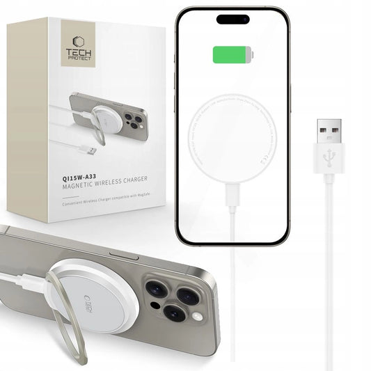 Tech-Protect QI15W-A33 induktives Ladegerät mit MagSafe und Ständer mit USB-A/USB-C-Kabel – Weiß