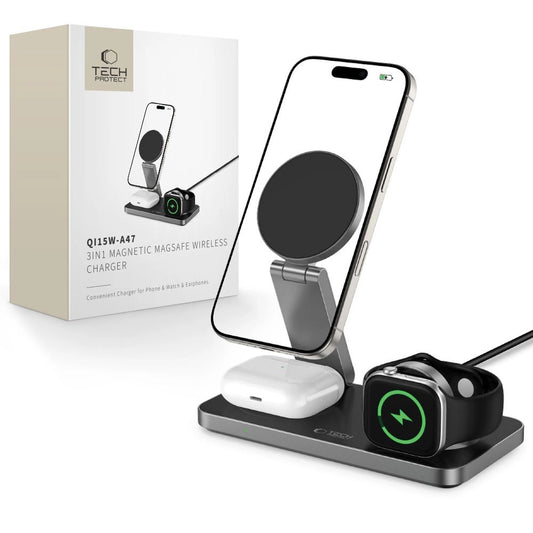 Tech-Protect QI15W-A47 MagSafe 3in1 Induktives Ladegerät + USB-C Kabel - Schwarz