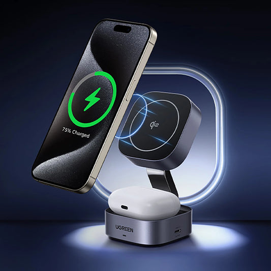 Ugreen W702 3in1 induktives Ladegerät mit MagSafe/Qi2 und USB-C-Anschluss für Telefon/Kopfhörer – Schwarz