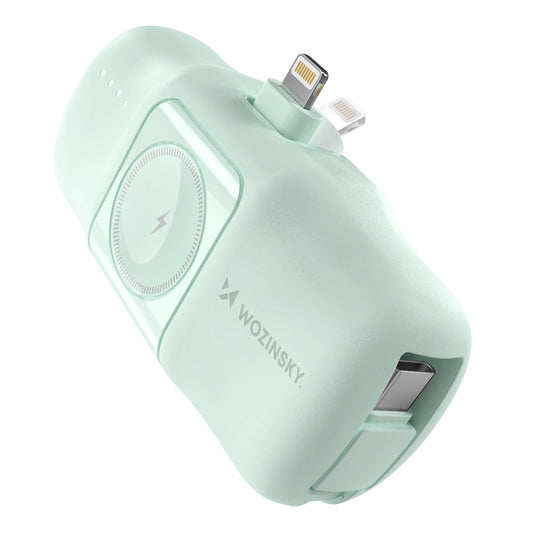 Wozinsky WF16-YLS 5000 mAh 15 W Lightning Mini-Powerbank mit integriertem USB-C-Kabel und Apple Watch Ladegerät – Grün