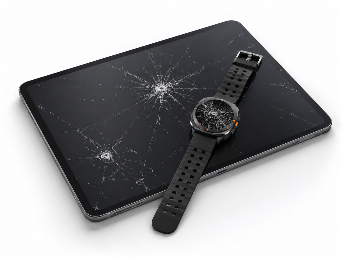 Tablet und Smartwatch mit Displayrissen