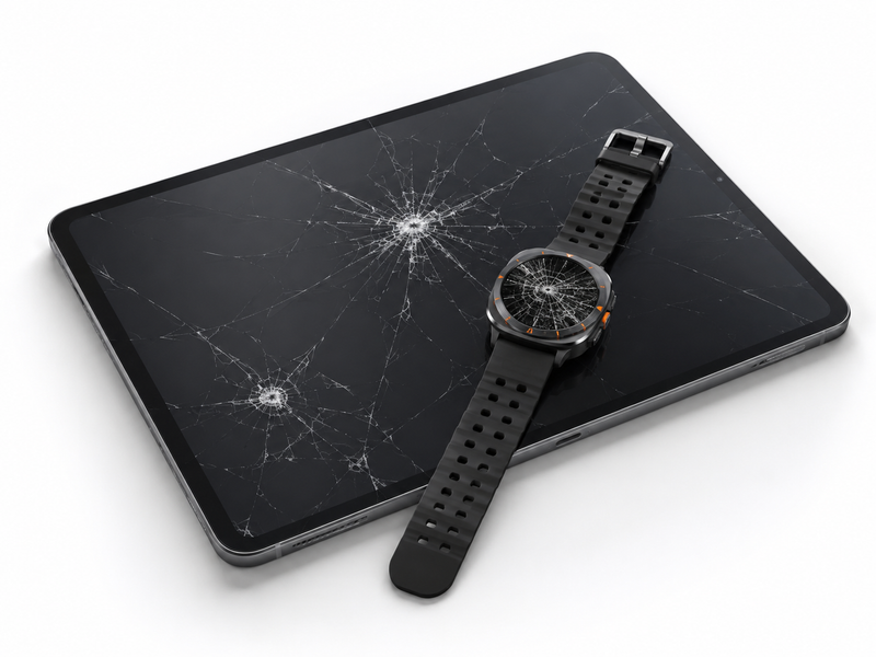Tablet und Smartwatch mit Displayrissen