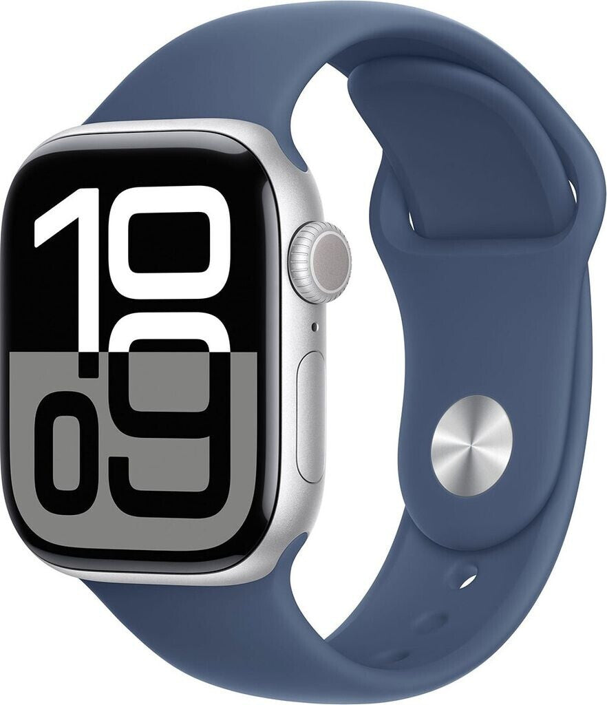 Apple Watch Series 10 4G 46mm Aluminium Silber Sportarmband Denim M/L