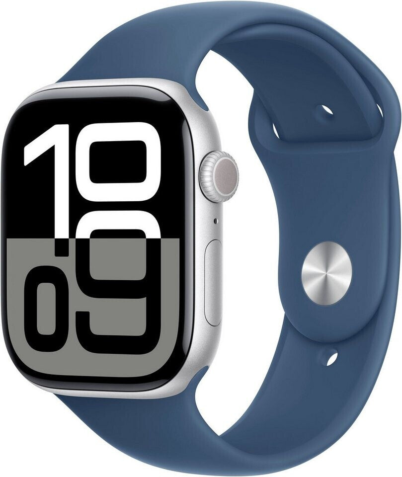 Apple Watch Series 10 4G 46mm Aluminium Silber Sportarmband Denim S/M