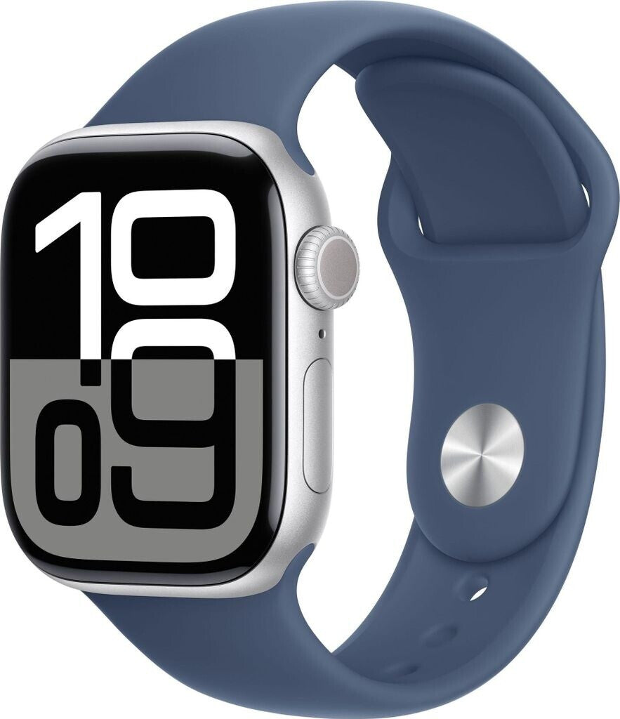 Apple Watch Series 10 GPS 46mm Aluminium Silber Sportarmband Denim S/M