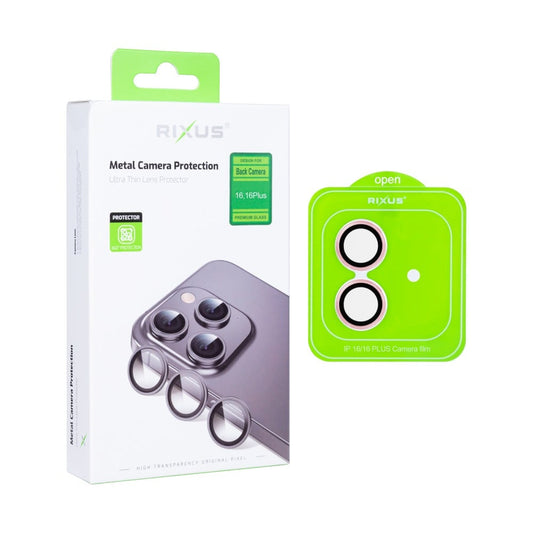 Rixus Metal Shield Camera Tempered Glass For Apple iPhone 16, 16 Plus, 17 Pink