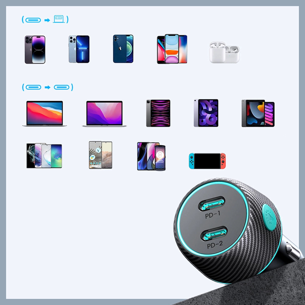 2x USB C 70W Autoladegerät mit LED-Hintergrundbeleuchtung Joyroom JR-CCN02 - Schwarz