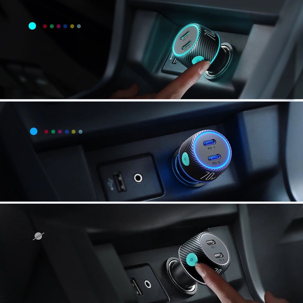 2x USB C 70W Autoladegerät mit LED-Hintergrundbeleuchtung Joyroom JR-CCN02 - Schwarz