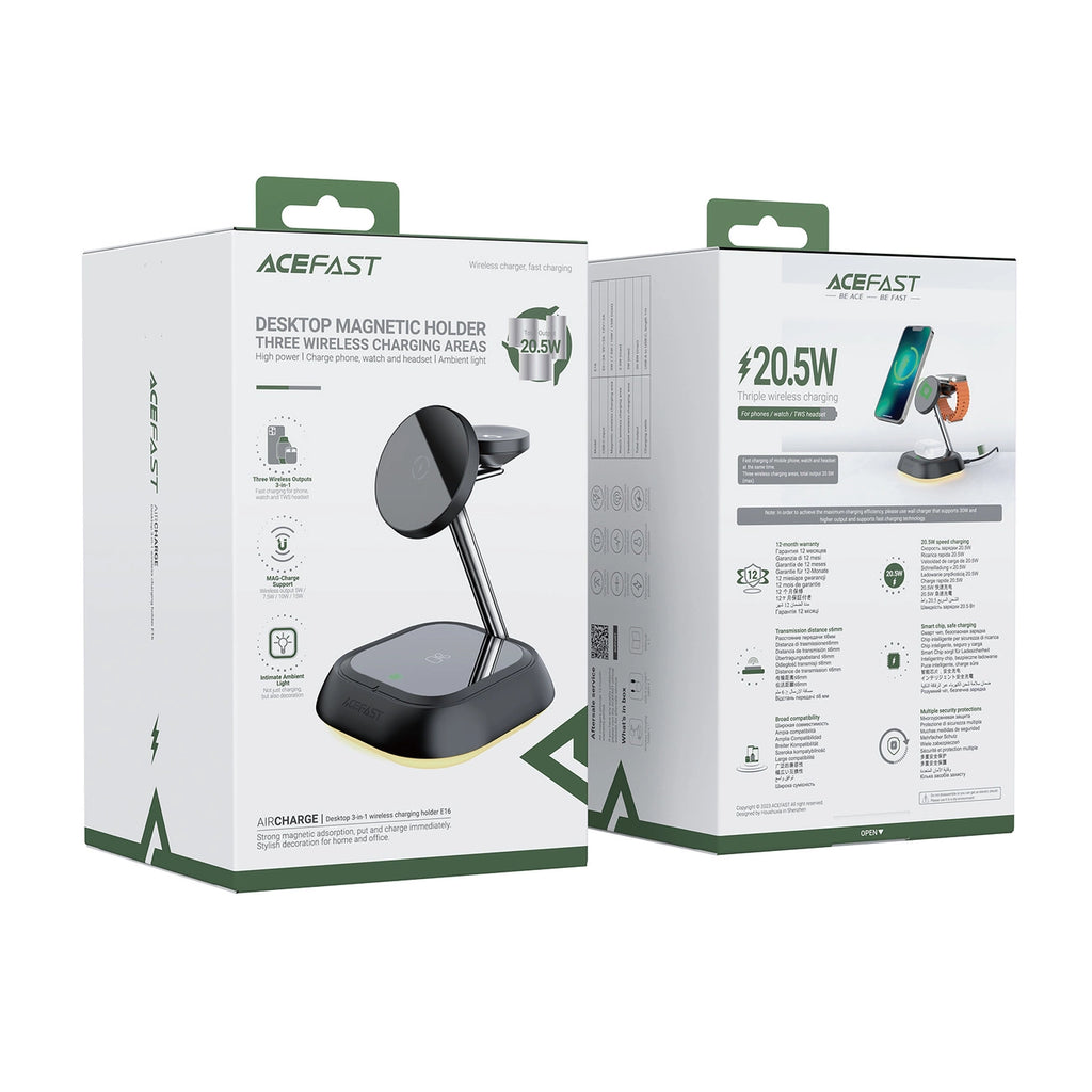 3in1 Acefast E16 15W induktive Ladestation für Telefon / Kopfhörer / Uhr - Schwarz