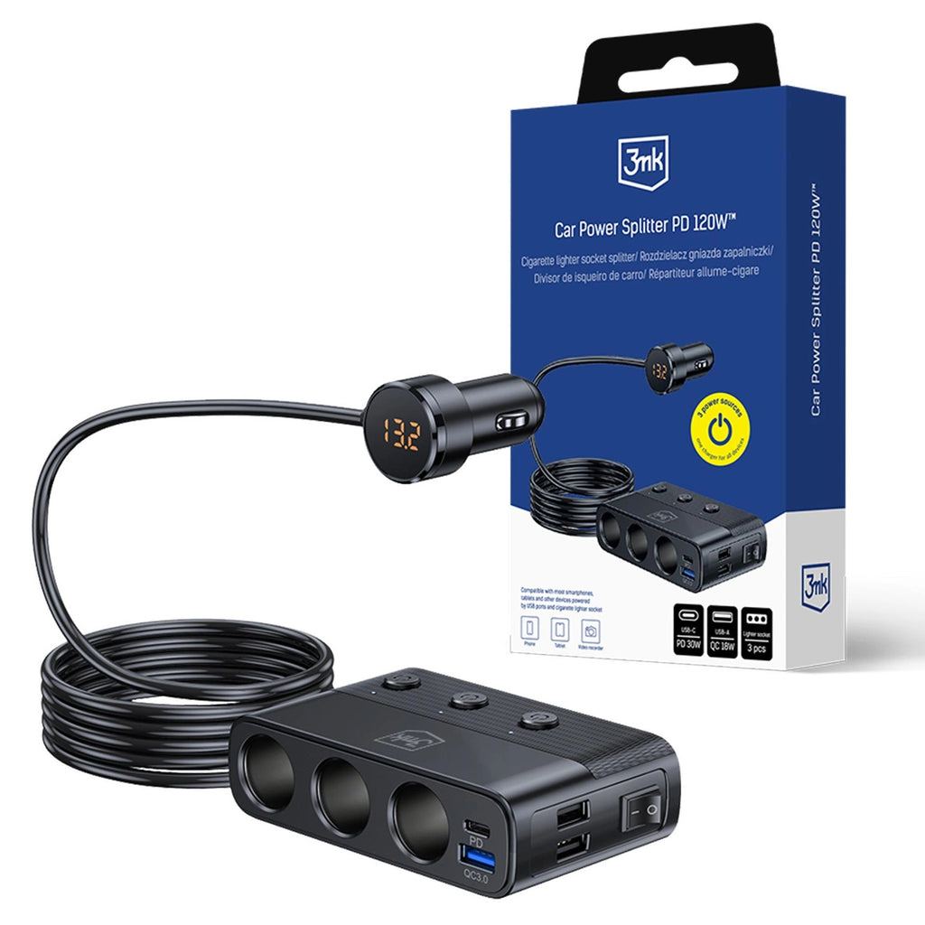 3mk Auto-Power-Splitter PD 120W™ QC PPS UCB-C USB-A Autoladegerät für 7 Geräte - Schwarz