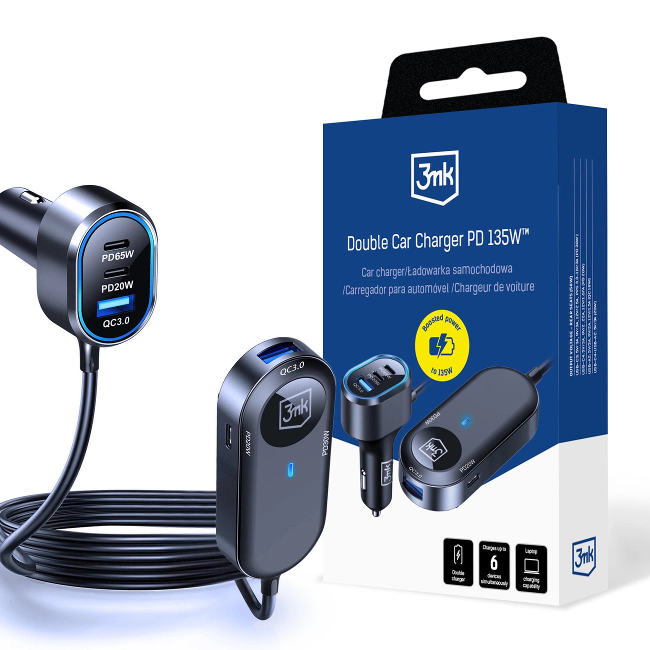 3mk Doppel-Autoladegerät 135W PD QC PPS USB-C USB-A - Schwarz