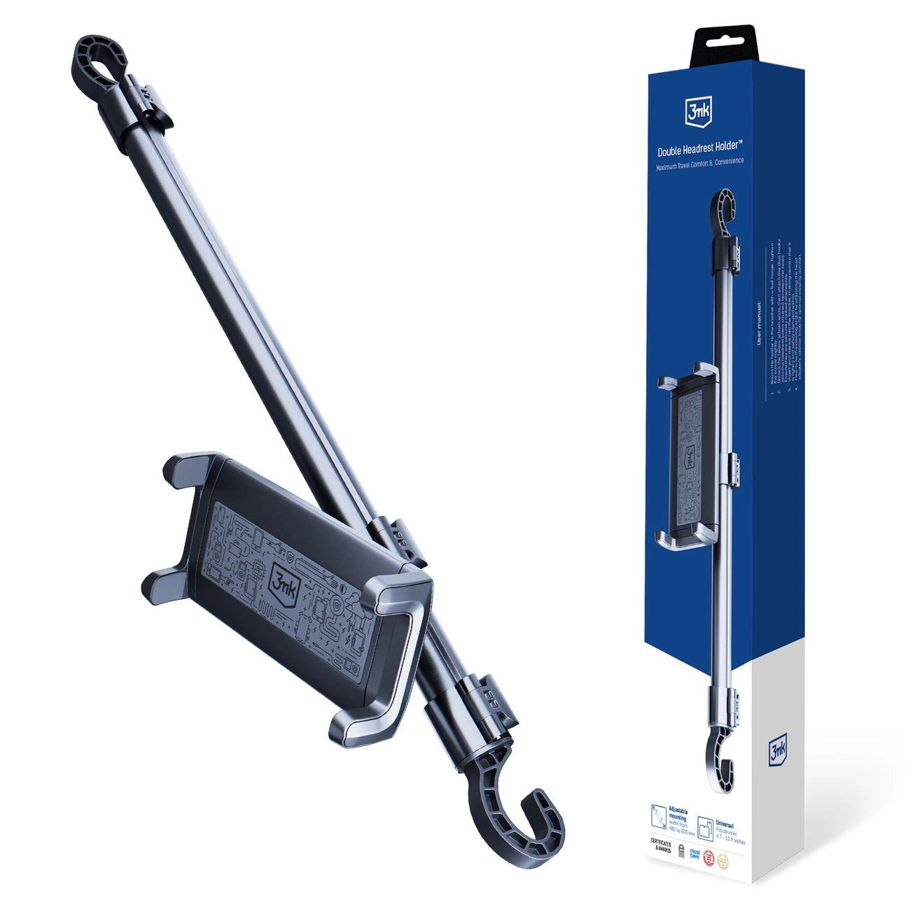 3mk Doppelkopfstützenhalterung für ein Auto für ein Tablet oder Telefon an den Kopfstützen – schwarz