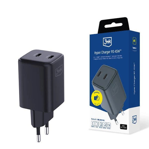 3mk Hyper Charger PD 45W QC4+ PPS 2C Super-Fast Charge 2.0 Wandladegerät - Schwarz