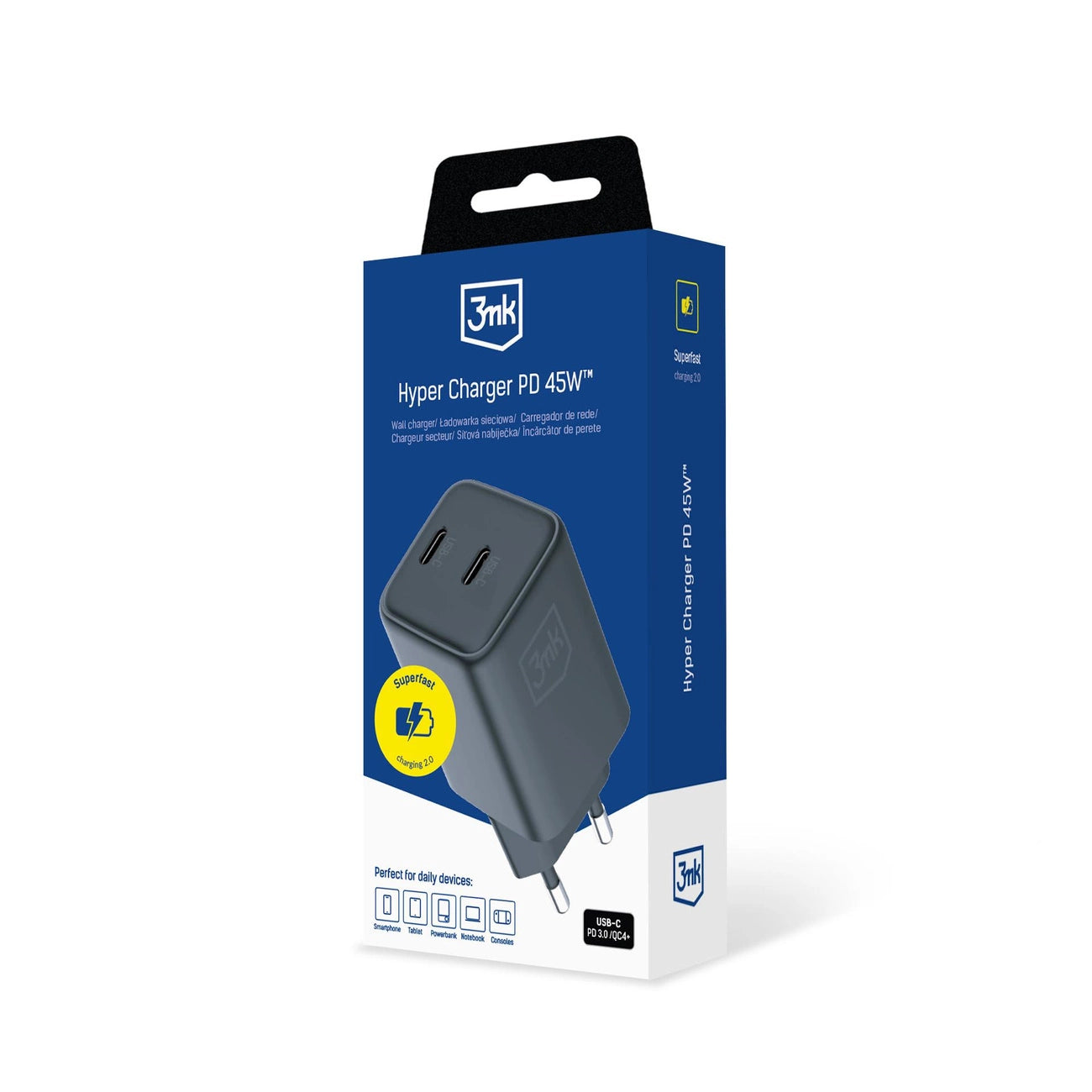 3mk Hyper Charger PD 45W QC4+ PPS 2C Super-Fast Charge 2.0 Wandladegerät - Schwarz