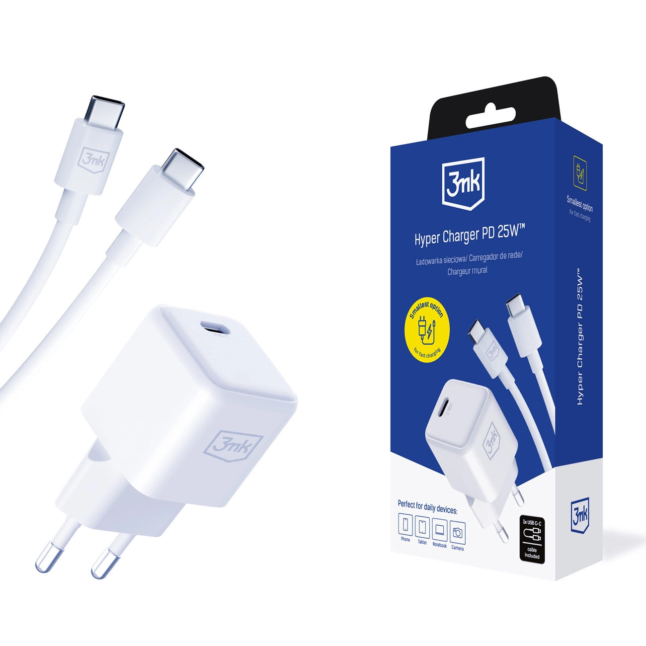 3mk Hyper Charger PD GaN 25W Wandladegerät mit USB-C-Kabel – Weiß