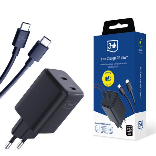 3mk Hyper Charger PD GaN 45W Wandladegerät mit USB-C-Kabel – Schwarz