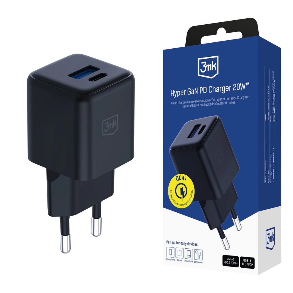 3mk Hyper GaN Ladegerät 20W QC4+ PD PPS USB-C USB-A Wandladegerät - Schwarz