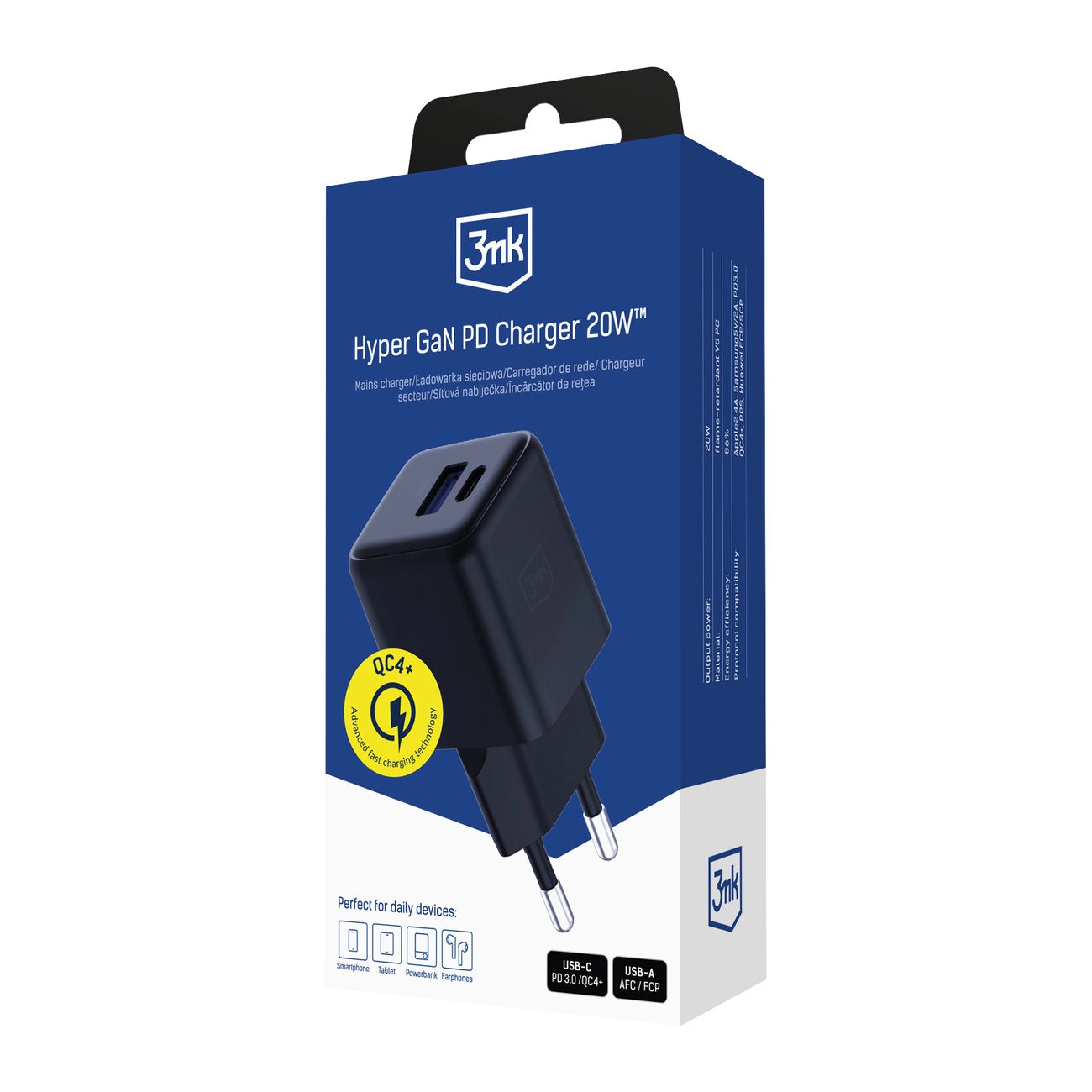 3mk Hyper GaN Ladegerät 20W QC4+ PD PPS USB-C USB-A Wandladegerät - Schwarz