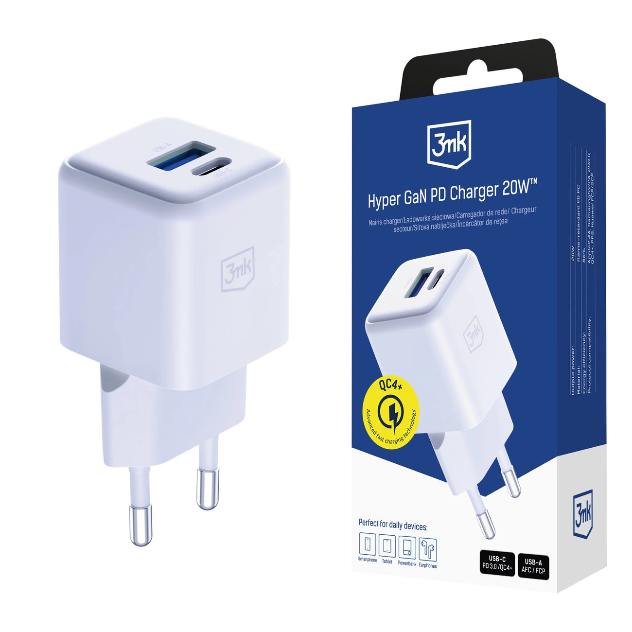 3mk Hyper GaN Ladegerät 20W QC4+ PD PPS USB-C USB-A Wandladegerät - Weiß