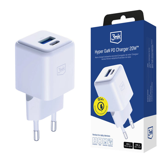 3mk Hyper GaN Ladegerät 20W QC4+ PD PPS USB-C USB-A Wandladegerät - Weiß