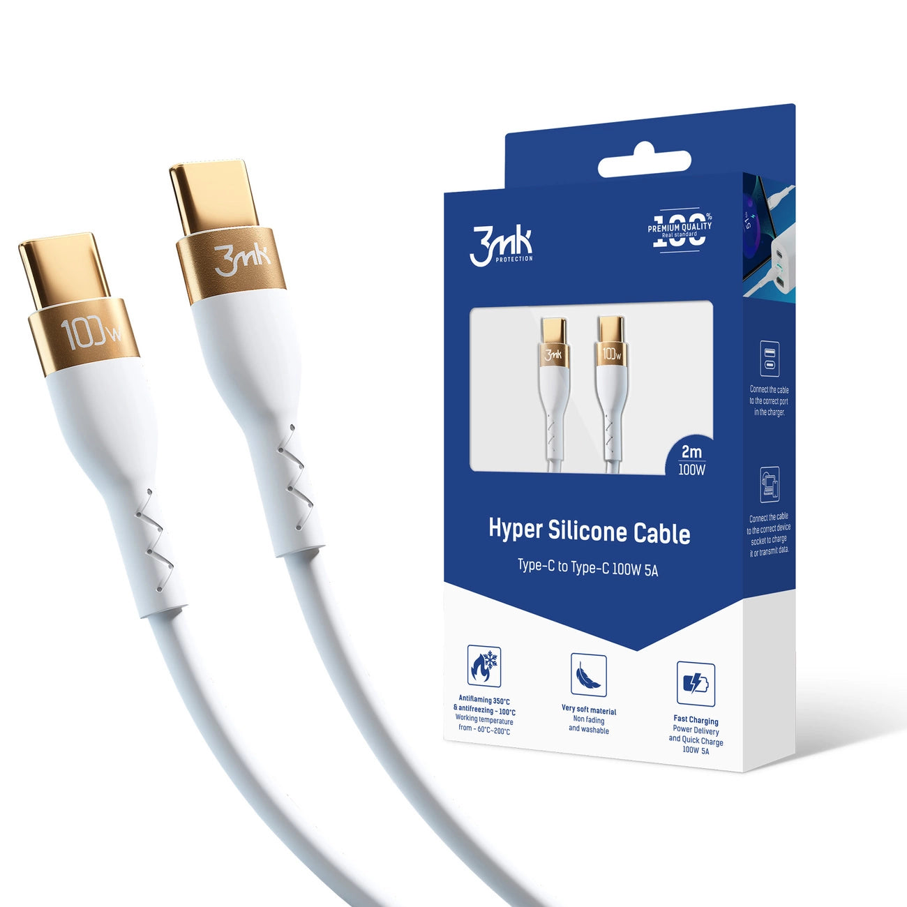 3mk Hyper Silikonkabel USB-C / USB-C 100W 2m - weiß