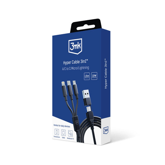 3mk Hyperkabel 3in1 USB-A – USB-C / USB-C – Micro-USB – Lightning 1,5 m – Schwarz